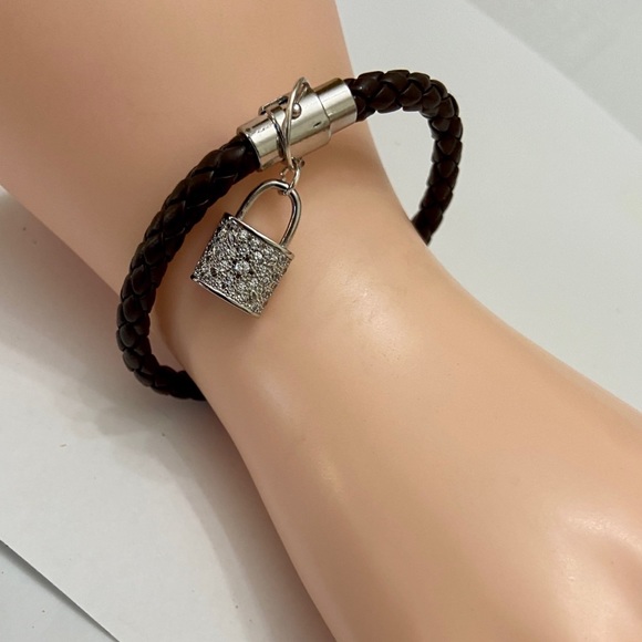 Brown Braided Leather Bracelet with Padlock Charm - Picture 4 of 12